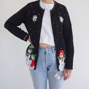 Ronnie Salloway Black Snowman Snowflake Beaded Zip Christmas Holiday Cardigan S